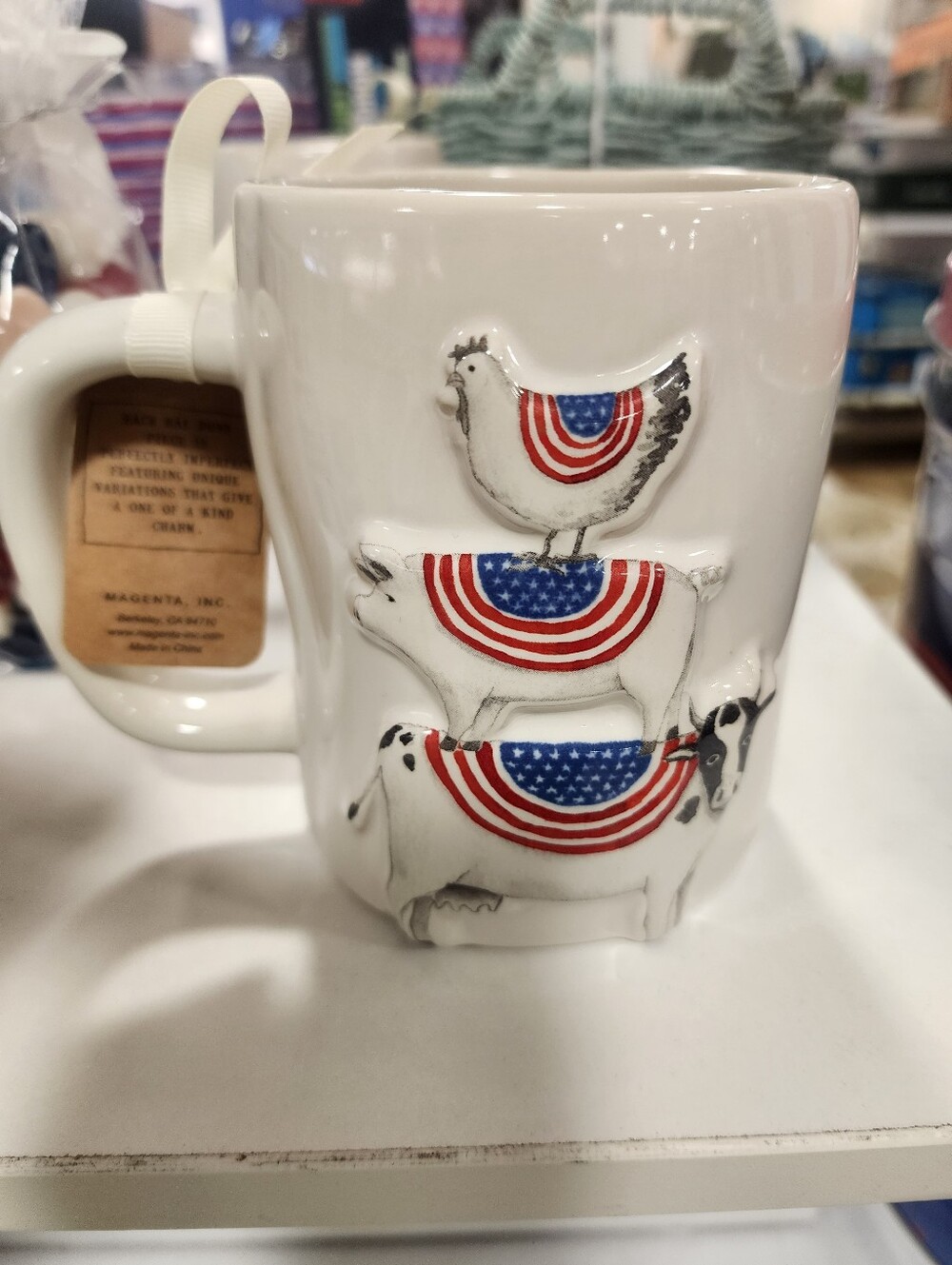 Rae Dunn White Ceramic Mug with Red and Blue Patriotic Farm Animal Stack